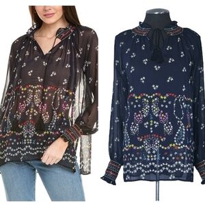 CAbi Black Sheer Blouse with Floral Embroidery